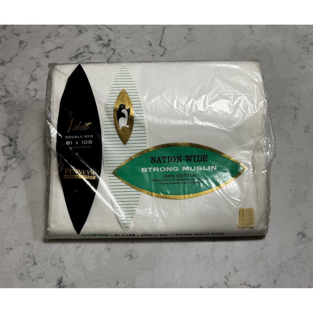 Vtg Penney's Nation-Wide Strong Muslin White Double Flat Sheet 100% Cotton NOS